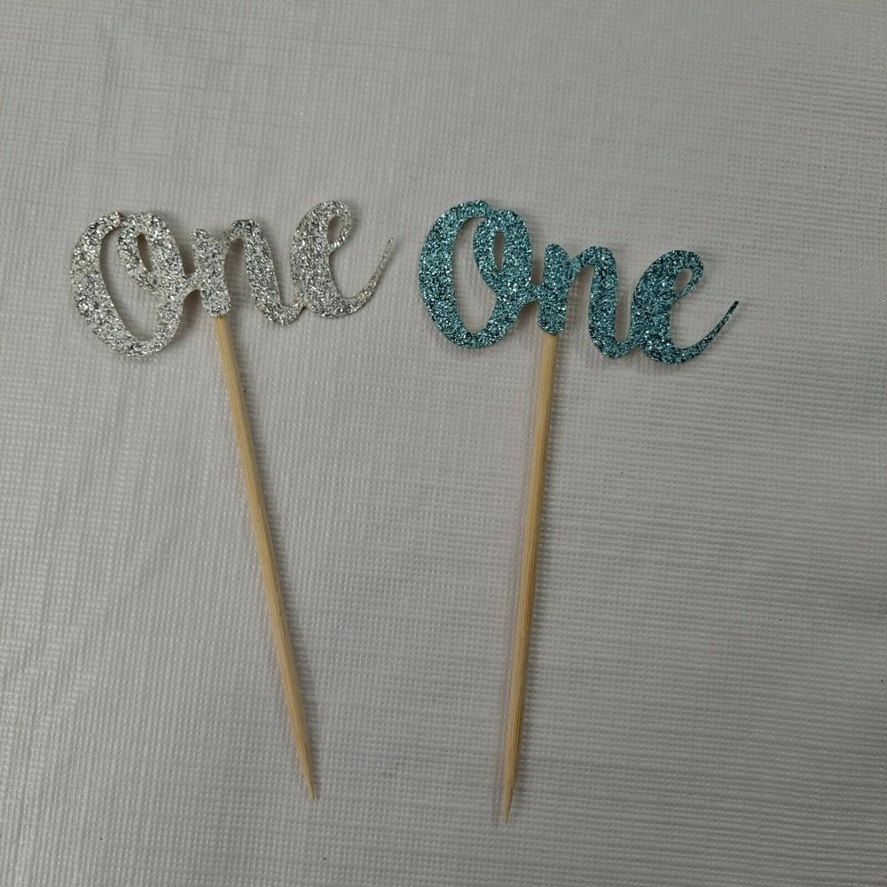 First Birthday Cupcake Picks One Blue Silver Glitter 24 Pieces